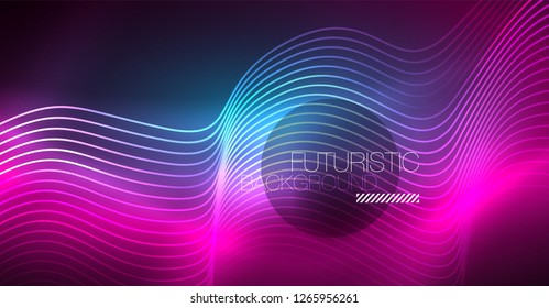Abstract shiny glowinng color wave design element on dark background - science or technology concept, vector