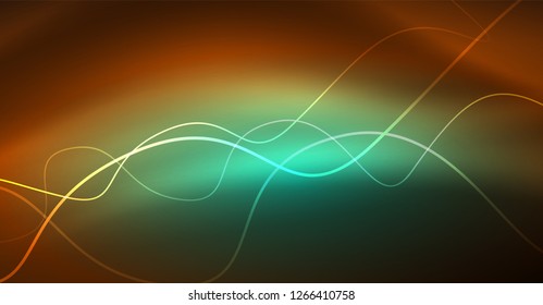 Abstract shiny glowinng color wave design element on dark background - science or technology concept, vector