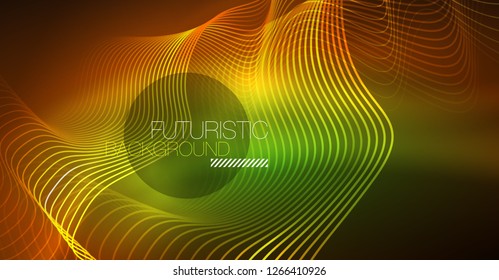 Abstract shiny glowinng color wave design element on dark background - science or technology concept, vector