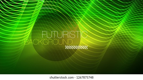Abstract shiny glowinng color wave design element on dark background - science or technology concept, vector