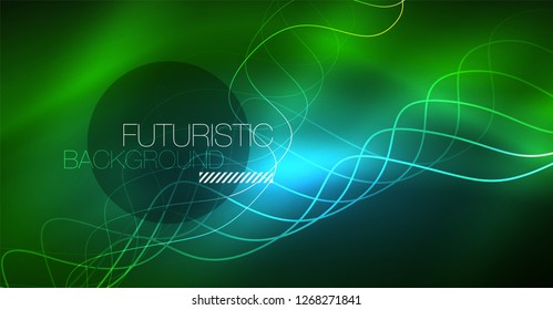 Abstract shiny glowinng color wave design element on dark background - science or technology concept, vector