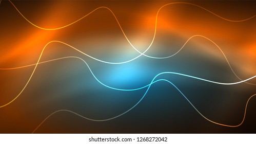 Abstract shiny glowinng color wave design element on dark background - science or technology concept, vector