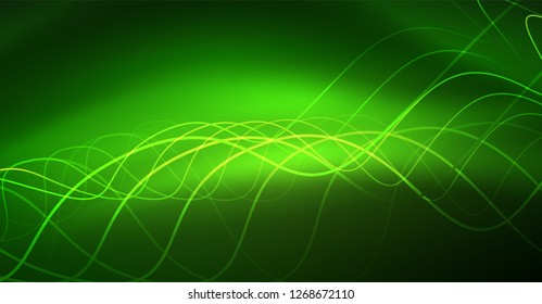 Abstract shiny glowinng color wave design element on dark background - science or technology concept, vector