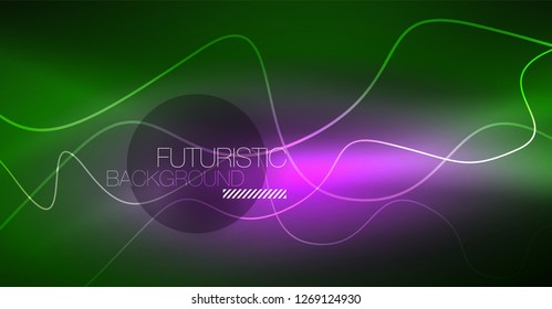 Abstract shiny glowinng color wave design element on dark background - science or technology concept, vector