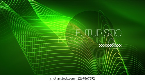 Abstract shiny glowinng color wave design element on dark background - science or technology concept, vector