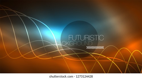 Abstract shiny glowinng color wave design element on dark background - science or technology concept, vector