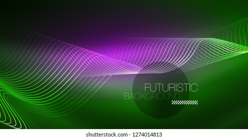 Abstract shiny glowinng color wave design element on dark background - science or technology concept, vector