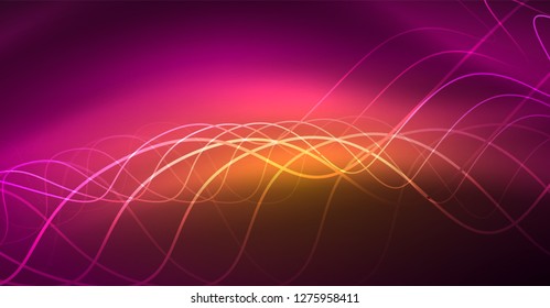 Abstract shiny glowinng color wave design element on dark background - science or technology concept, vector