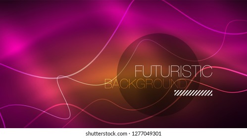 Abstract shiny glowinng color wave design element on dark background - science or technology concept, vector