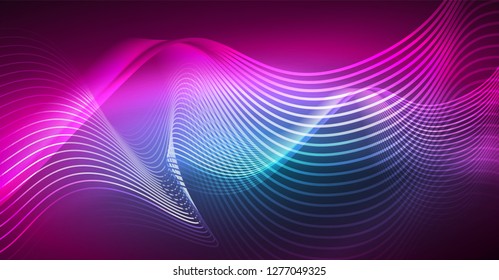 Abstract shiny glowinng color wave design element on dark background - science or technology concept, vector