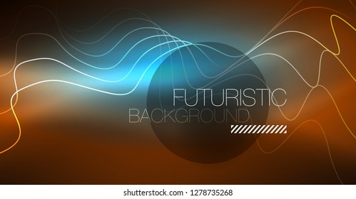 Abstract shiny glowinng color wave design element on dark background - science or technology concept, vector