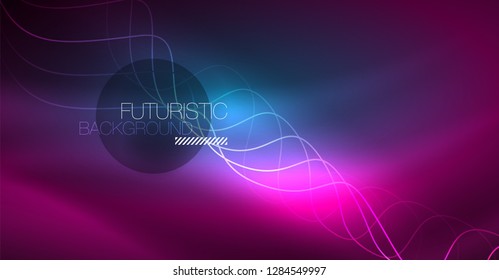Abstract shiny glowinng color wave design element on dark background - science or technology concept, vector