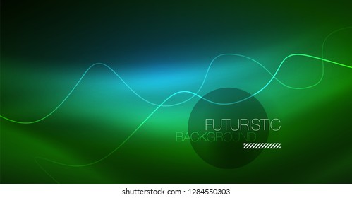 Abstract shiny glowinng color wave design element on dark background - science or technology concept, vector