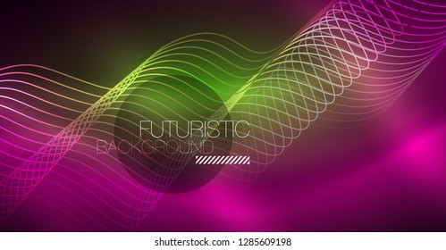 Abstract shiny glowinng color wave design element on dark background - science or technology concept, vector