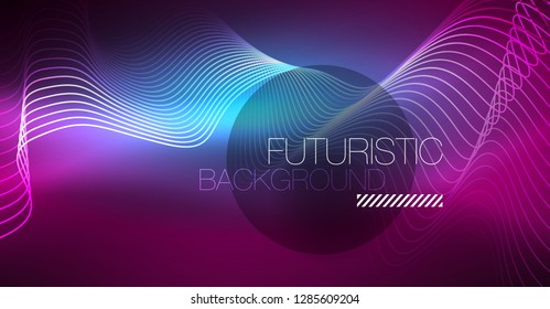 Abstract shiny glowinng color wave design element on dark background - science or technology concept, vector