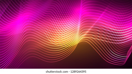 Abstract shiny glowinng color wave design element on dark background - science or technology concept, vector