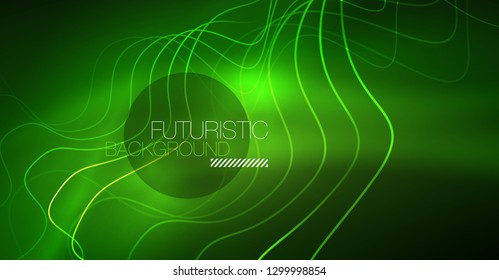 Abstract shiny glowinng color wave design element on dark background - science or technology concept, vector