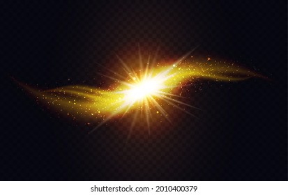 Abstract shiny gold color waves connect and flow vector illustration. Magic gold luminous wavy curve shapes connecting and glowing, New born star galaxy glow energy lines transparent black background