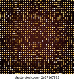 Abstract shiny gold dotted texture. Stylish halftone Christmas party background. Design with dynamic disco feel. Bright circular gradient bg. Elegant layouts. Vector illustration. EPS 10.