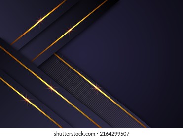 Abstract Shiny Gold Lines Diagonal Overlap Luxurious Dark Navy Purple Background with Copy Space for Text