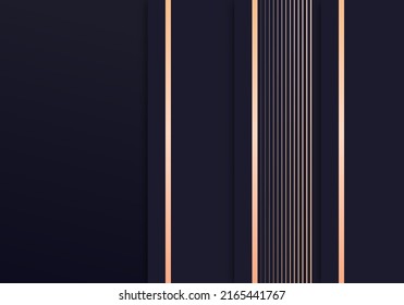 Abstract Shiny Gold Lines Diagonal Geometric Overlap Luxurious Dark Navy Purple Background with Copy Space for Text