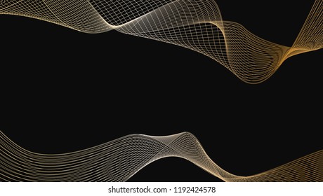 Abstract of shiny gold luxury wave line art design element on black background