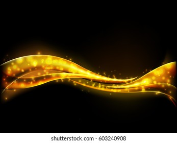 Abstract shiny gold wave design element with glitter effect on black background. Vector illustration.