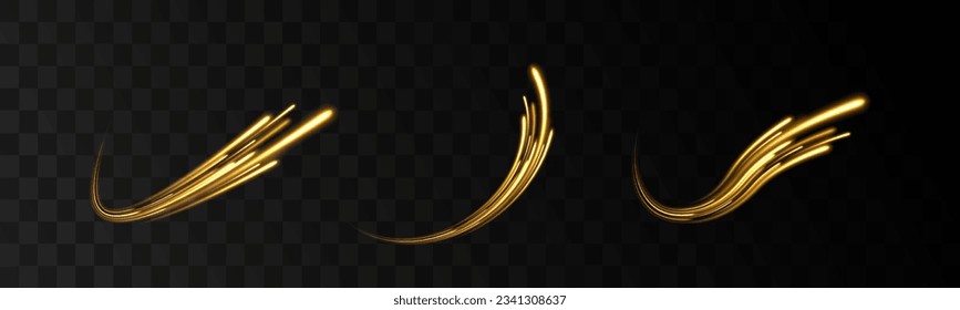 Abstract shiny gold wave  vector. Abstract neon motion glowing wavy lines. Light trail flash, neon yellow and orange golden glow path trace effect. Long exposure photo of metallic fairy lights.