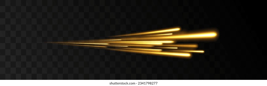 Abstract shiny gold wave  vector. Abstract neon motion glowing wavy lines. Light trail flash, neon yellow and orange golden glow path trace effect. Long exposure photo of metallic fairy lights.