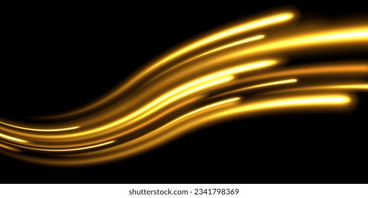 Abstract shiny gold wave  vector. Abstract neon motion glowing wavy lines. Light trail flash, neon yellow and orange golden glow path trace effect. Long exposure photo of metallic fairy lights.