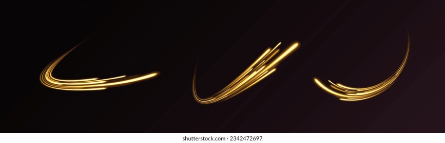 Abstract shiny gold wave  vector. Abstract neon motion glowing wavy lines. Light trail flash, neon yellow and orange golden glow path trace effect. Long exposure photo of metallic fairy lights.