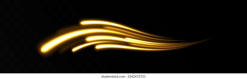 Abstract shiny gold wave  vector. Abstract neon motion glowing wavy lines. Light trail flash, neon yellow and orange golden glow path trace effect. Long exposure photo of metallic fairy lights.