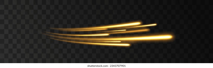 Resumen vector de onda dorada brillante. Resumen de las líneas ondulantes onduladas. Brillo de trazo claro, efecto de traza de senda de resplandor dorado de neón amarillo y naranja. Foto de larga exposición de luces metálicas de hadas.