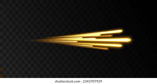Abstract shiny gold wave  vector. Abstract neon motion glowing wavy lines. Light trail flash, neon yellow and orange golden glow path trace effect. Long exposure photo of metallic fairy lights.