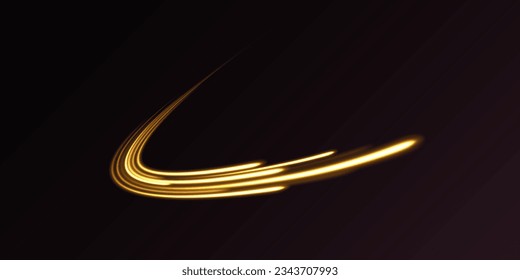 Abstract shiny gold wave  vector. Abstract neon motion glowing wavy lines. Light trail flash, neon yellow and orange golden glow path trace effect. Long exposure photo of metallic fairy lights.