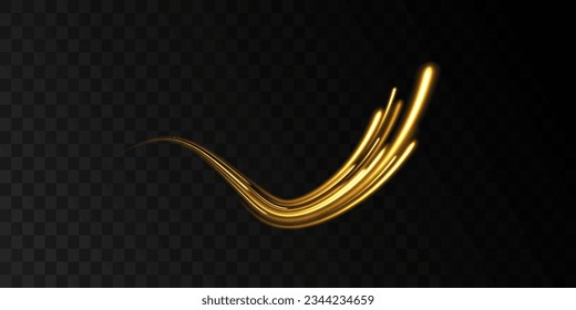 Abstract shiny gold wave  vector. Abstract neon motion glowing wavy lines. Light trail flash, neon yellow and orange golden glow path trace effect. Long exposure photo of metallic fairy lights.