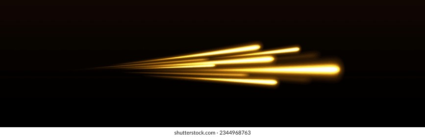 Abstract shiny gold wave  vector. Abstract neon motion glowing wavy lines. Light trail flash, neon yellow and orange golden glow path trace effect. Long exposure photo of metallic fairy lights.