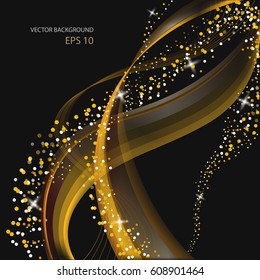 Abstract shiny gold waves with glitter effect on black background. Vector design element.