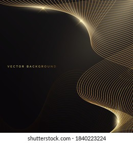 Abstract shiny gold waves lines with light effect on black background Luxury concept. Vector illustration