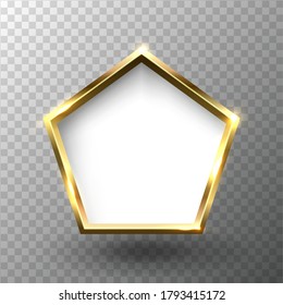 Abstract shiny golden pentagon frame with white empty space for text, on transparent background, vector illustration