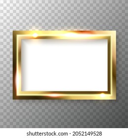 Abstract shiny golden rectangle frame with white empty space for text, on transparent background, vector illustration.