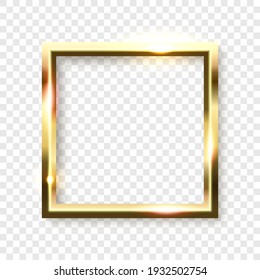 Abstract shiny golden square frame with white empty space for text, on transparent background, vector illustration