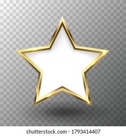 Abstract shiny golden star frame with white empty space for text, on transparent background, vector illustration