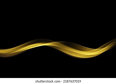 Abstract Shiny Golden Wave Design Element On Black Background. Golden Transparent Wave Flow.