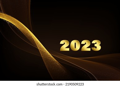 Abstract shiny golden wave design element with glitter effect on dark background. New year 2023