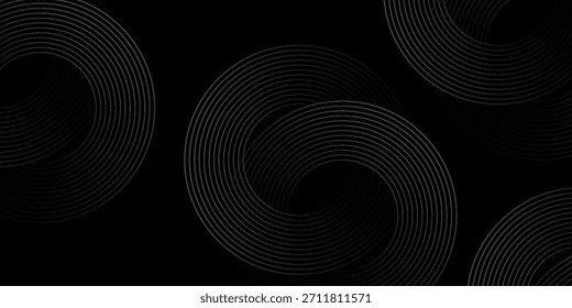 Abstract shiny grey circles geometric lines on dark pattern background. Modern black glowing gray gradient rings