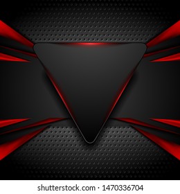 Abstract shiny hi-tech futuristic red and black background with neon light triangle. Dark perforated metallic texture. Vector geometric technology design