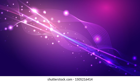 Abstract shiny lines wave, creative vector background with neon magical stars, cute futuristic background, open space design for web and print 