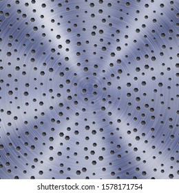 Abstract shiny metal background in blue color with circular brushed texture and hexagonal holes