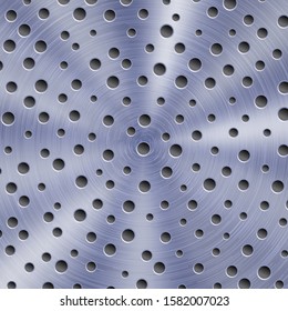 Abstract shiny metal background in blue color with circular brushed texture and round holes